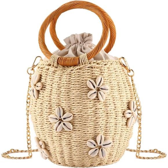 Flower Pearls Rattan Tote Bag Summer D White